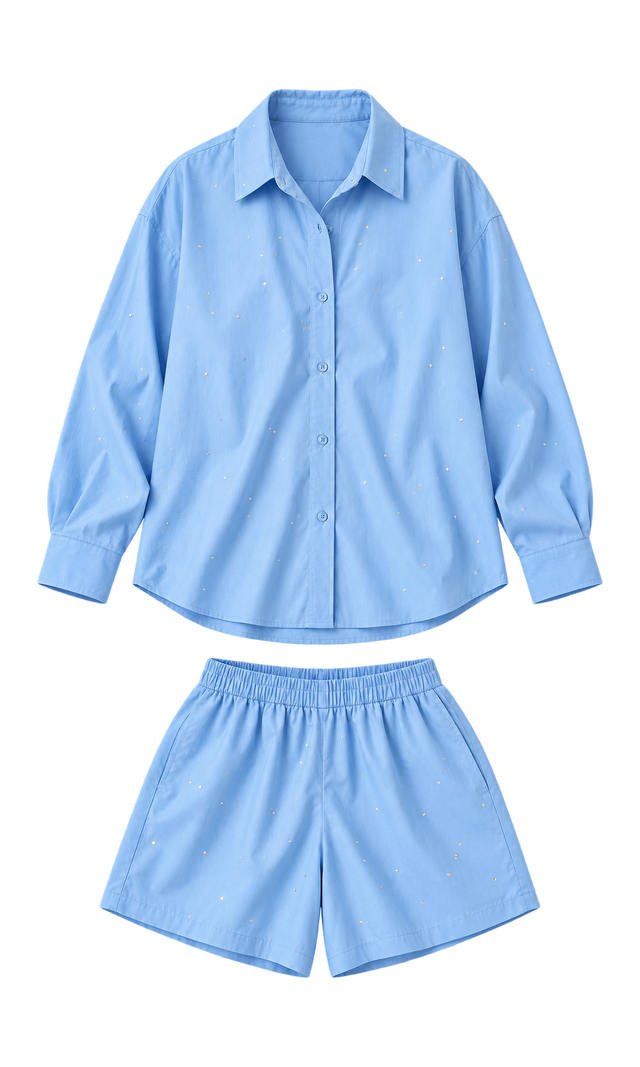 Dotted Oversized Shirt and Shorts Set, Light Blue Dot