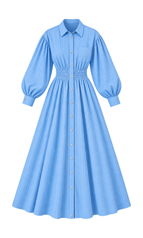Balloon-Sleeve Maxi Shirt Dress in Light Blue, front view