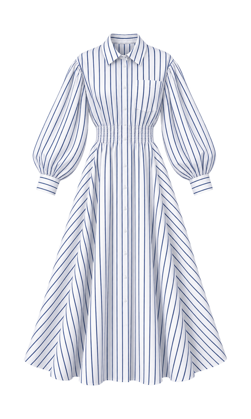 Balloon-Sleeve Maxi Shirt Dress in Navy Stripe, front view