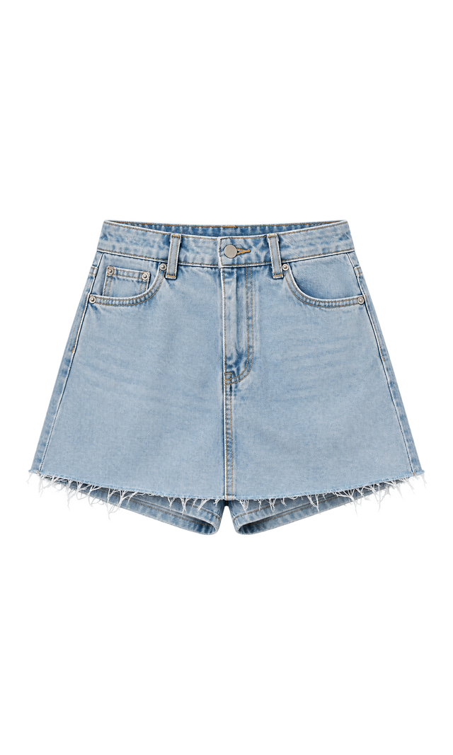 Frayed-Hem Denim Skort, Light Wash