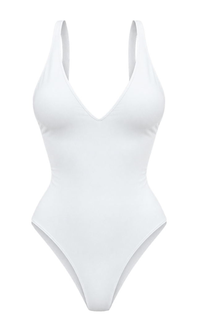 Ribbed Plunge Bodysuit with Crossed Back Straps, White