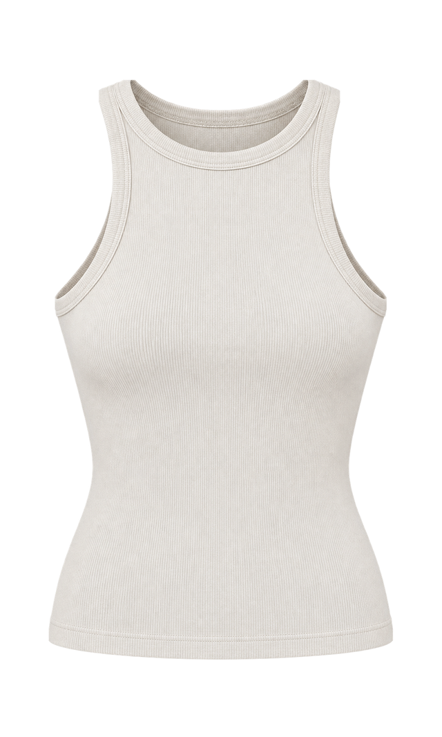 High-Neck Ribbed Tank, Beige