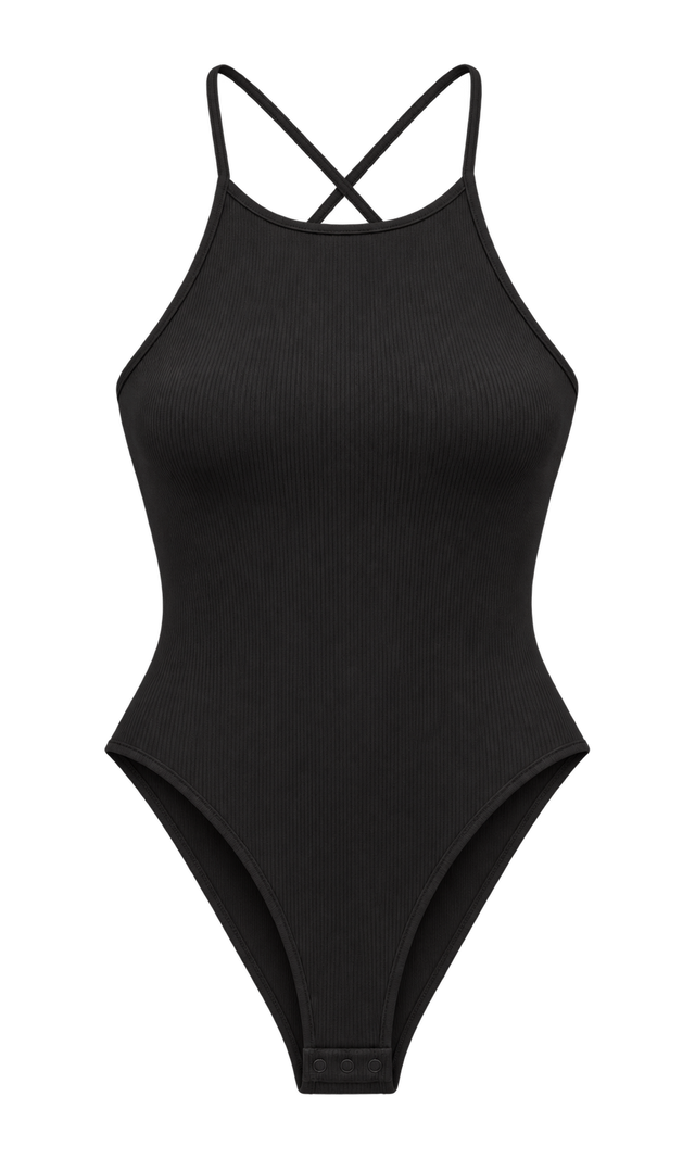 Cross-Back Ribbed Bodysuit, Black