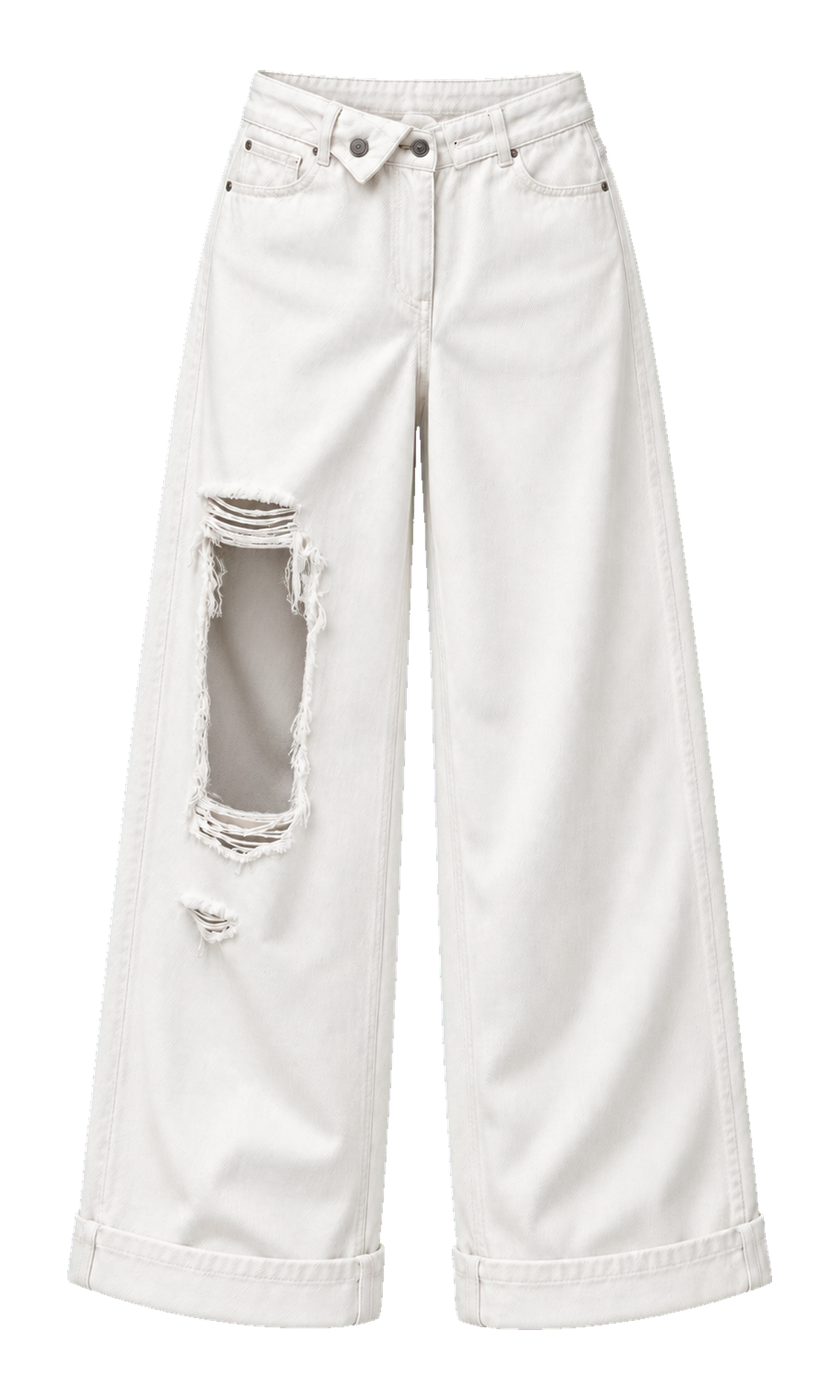 Fold-Waist Ripped Wide-Leg Jeans