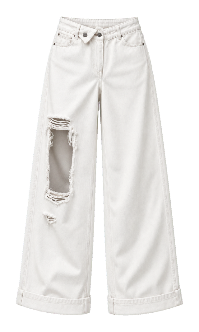 Fold-Waist Ripped Wide-Leg Jeans, Ivory