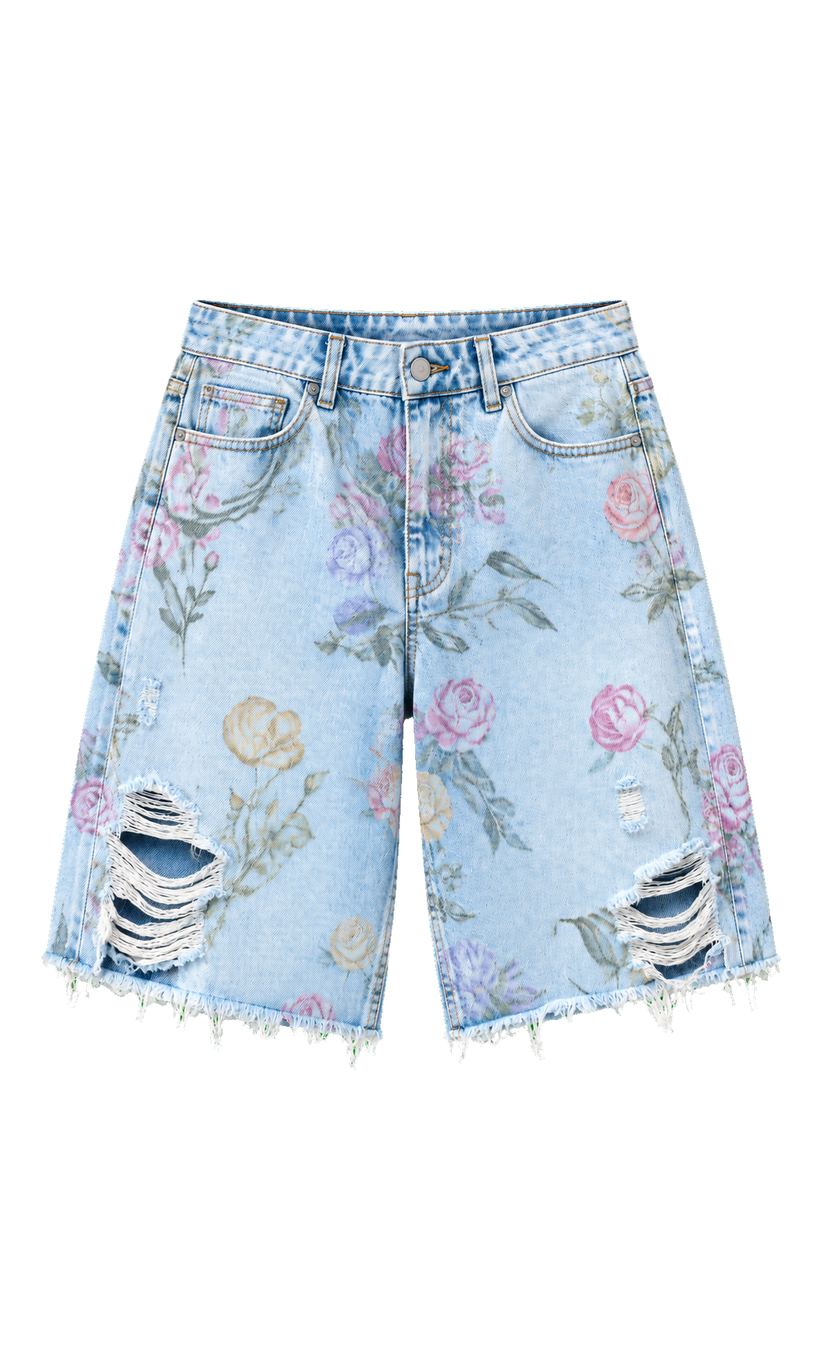 Floral Distressed Denim Bermuda Shorts