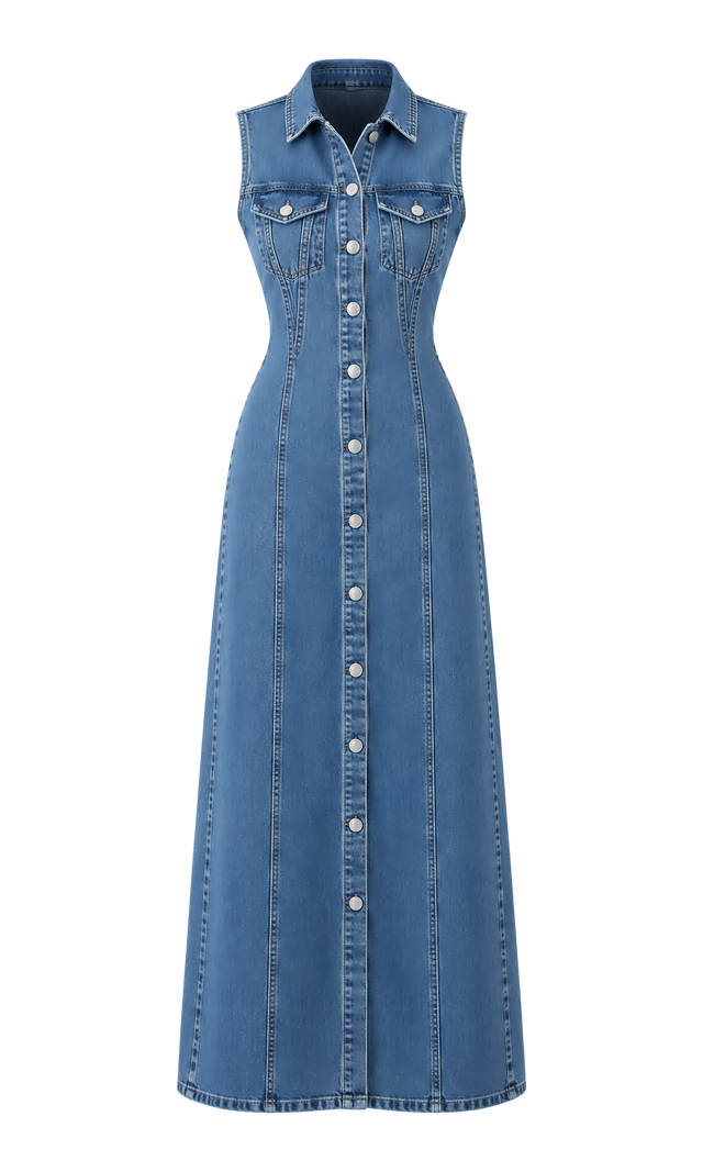 Sleeveless Button-Front Denim Dress, Mid Wash