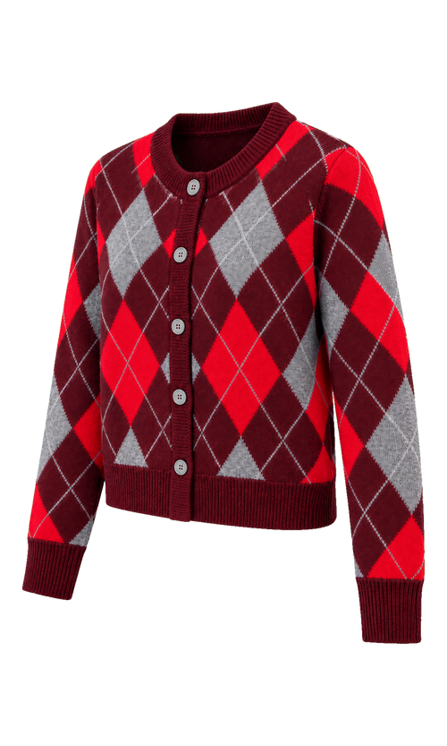 Argyle Button-Front Cardigan in Burgundy Check, three-quarter view