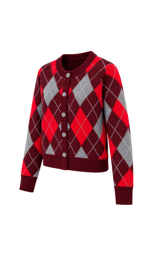Argyle Button-Front Cardigan in Burgundy Check, three-quarter view