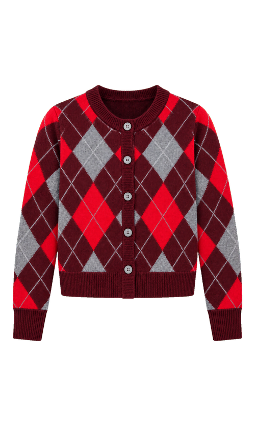 Argyle Button-Front Cardigan in Burgundy Check, front view