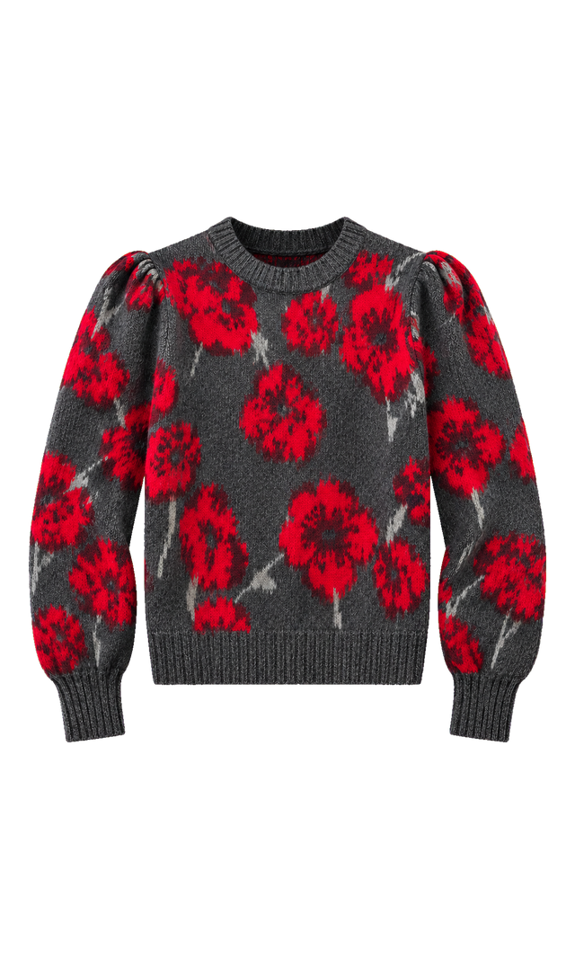 Floral Knit Sweater with Gathered Shoulders, Charcoal Floral