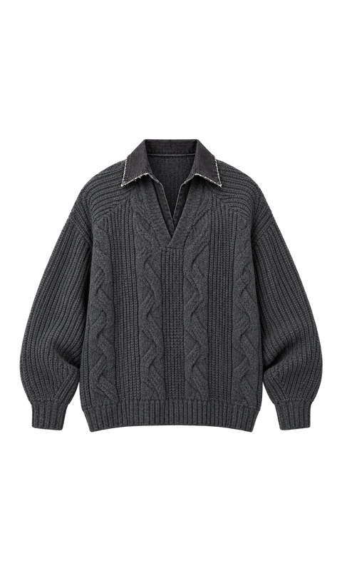 Cable-Knit Sweater with Contrast Collar