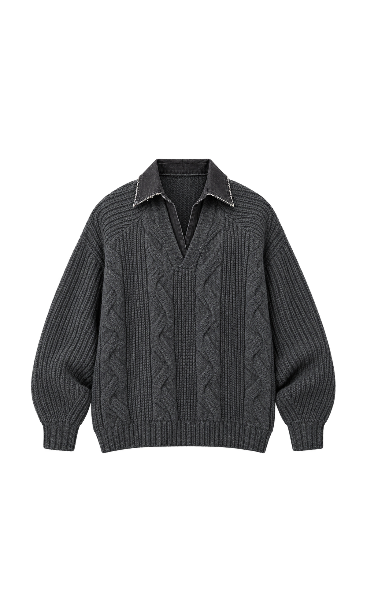 Zopfstrickpullover mit Kontrastkragen