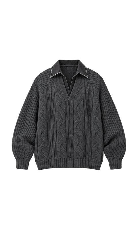 Zopfstrickpullover mit Kontrastkragen