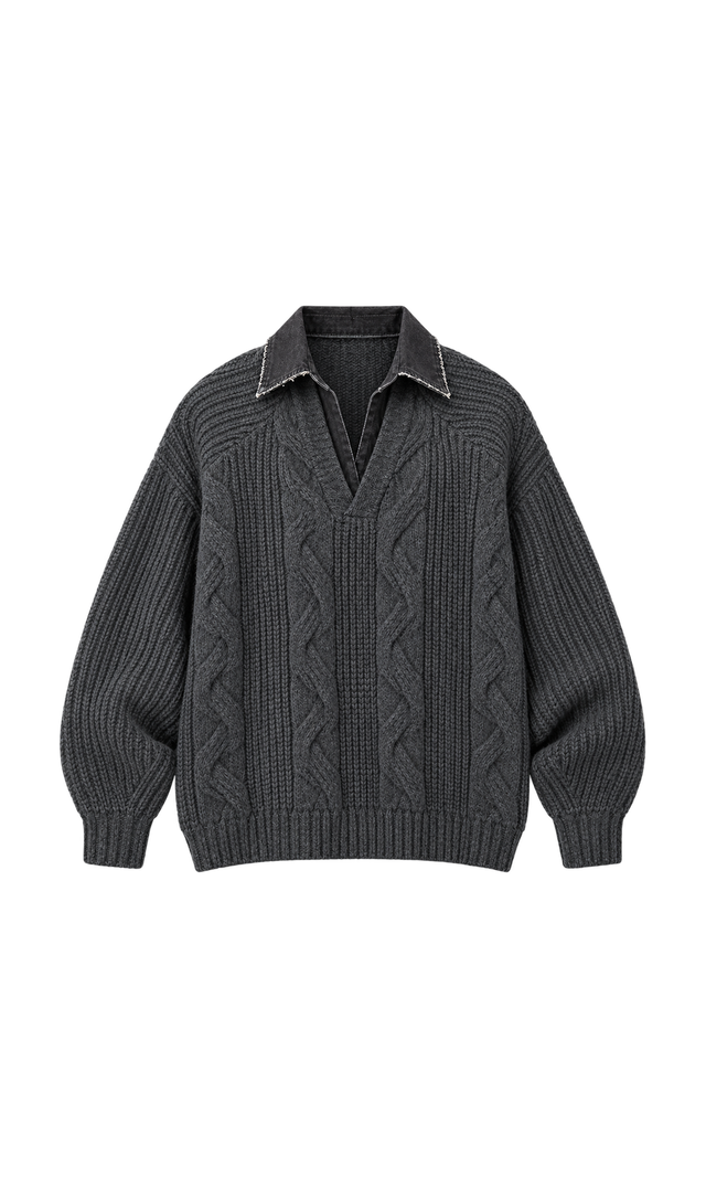 Cable-Knit Sweater with Contrast Collar, Charcoal