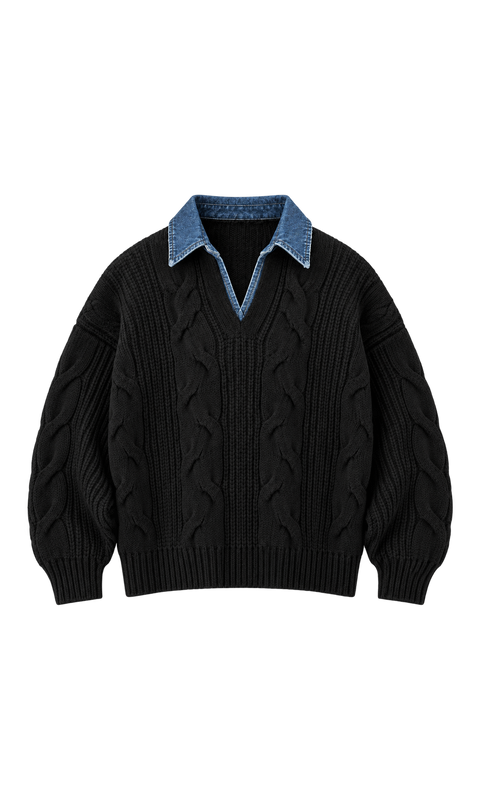 Cable-Knit Sweater with Contrast Collar