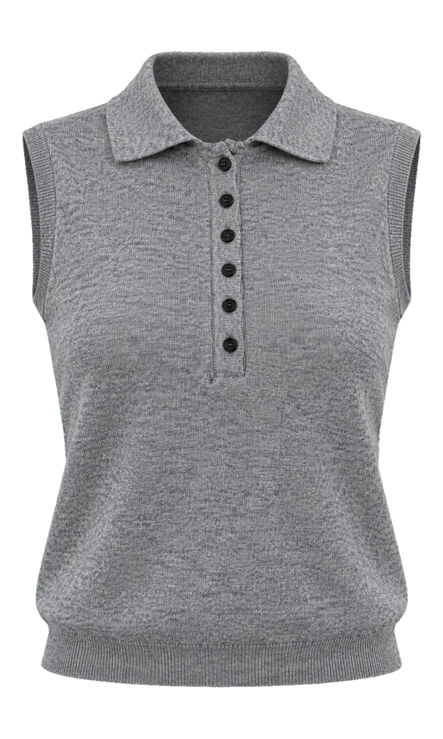 Sleeveless Polo Knit Top, Grey