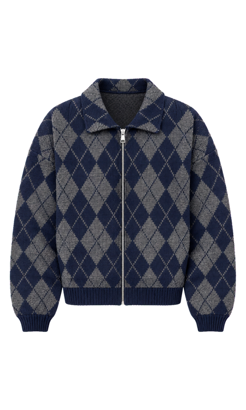 Argyle Zip-Front Knit Cardigan in Navy Check, front view