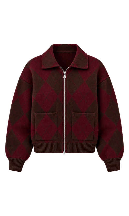 Argyle Zip-Front Knit Cardigan in Burgundy Check, front view