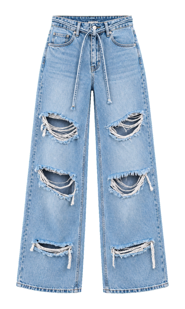 Distressed Wide-Leg Cotton Jeans, Light Wash