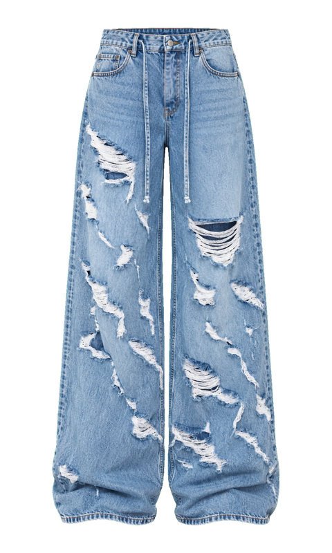 Ripped Wide-Leg Cotton Jeans with Waist Ties