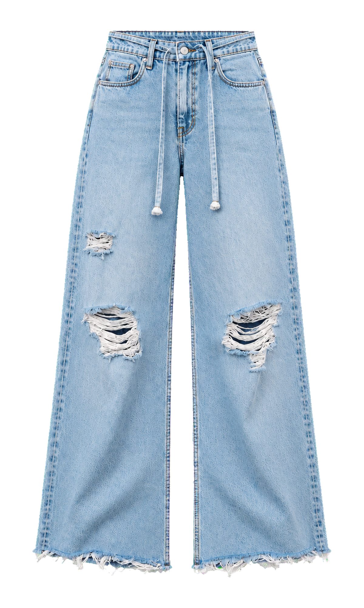 Ripped Wide-Leg Jeans with Denim Waist Tie