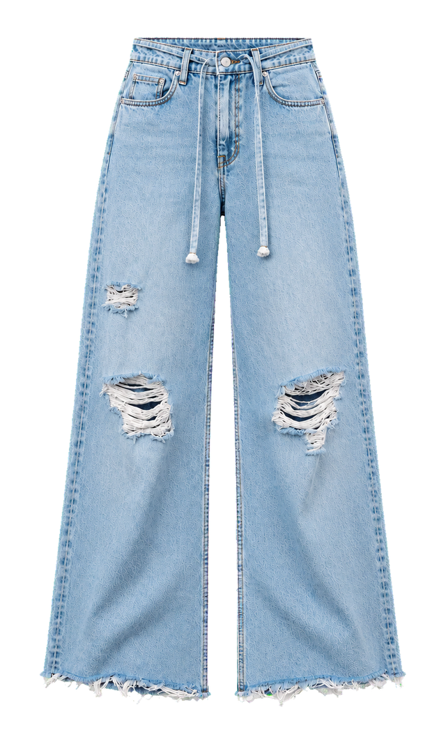 Ripped Wide-Leg Jeans with Denim Waist Tie, Light Wash