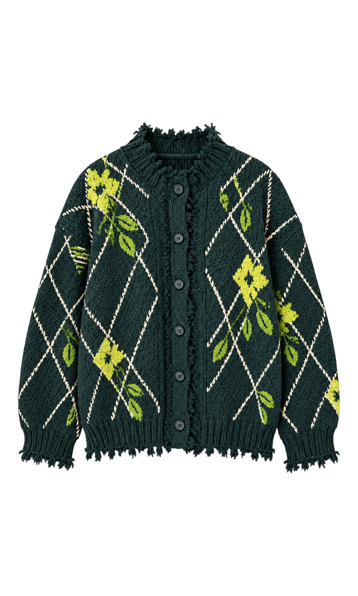 Frayed-Edge Argyle Knit Cardigan