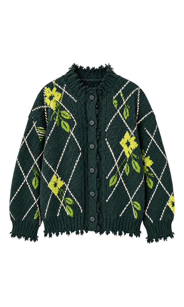 Frayed-Edge Argyle Knit Cardigan, Green