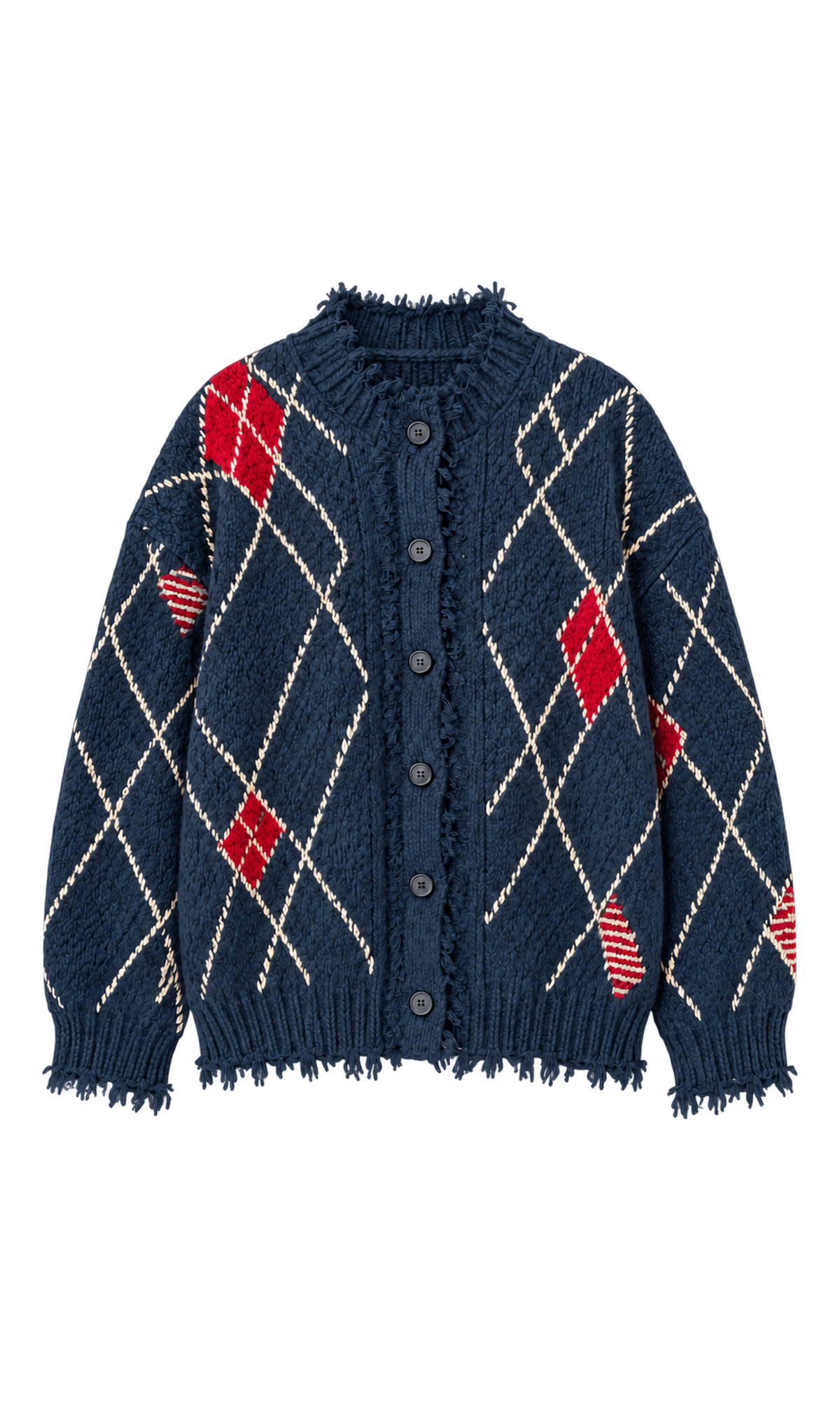 Frayed-Edge Argyle Knit Cardigan