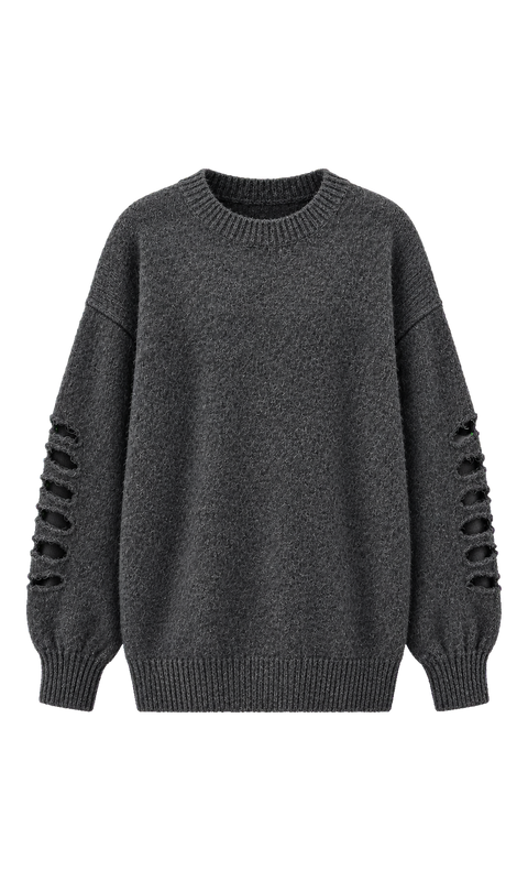 Distressed-Sleeve Crewneck Sweater