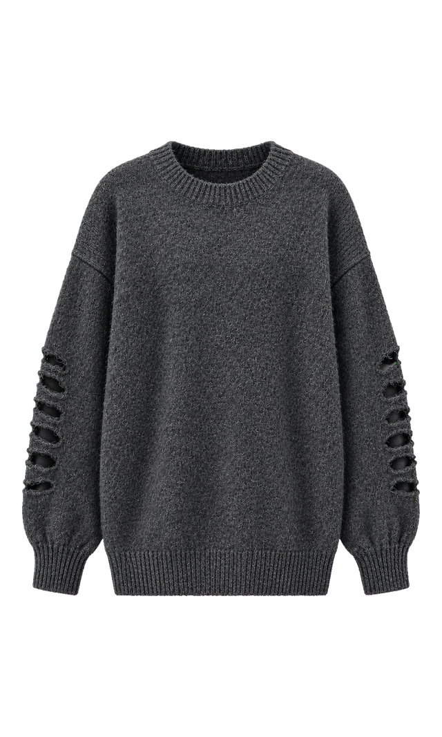 Distressed-Sleeve Crewneck Sweater, Charcoal
