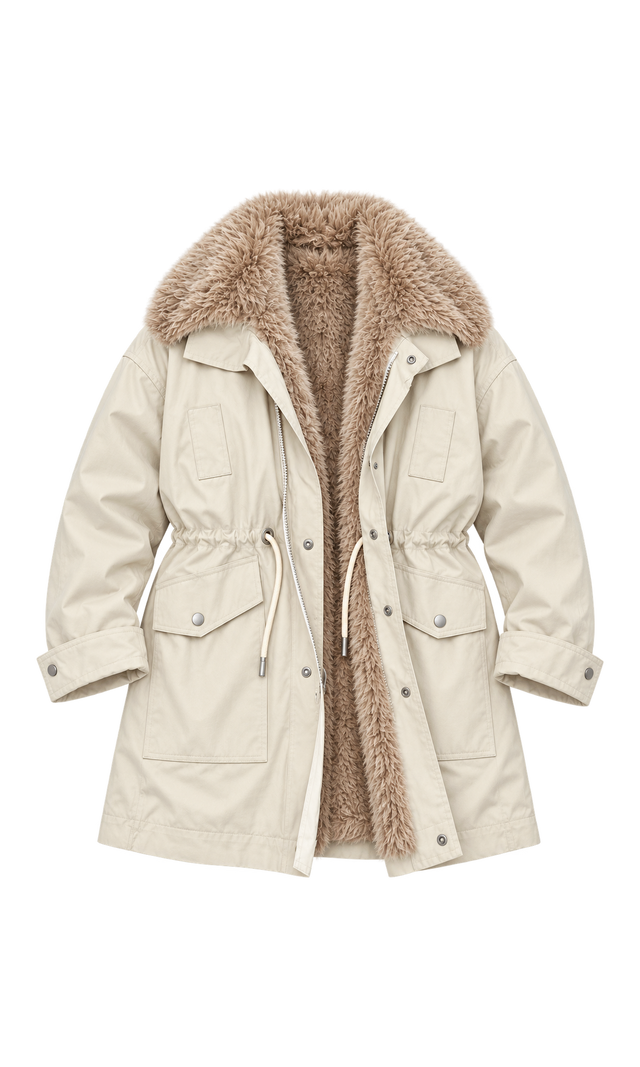 Plush-Lined Drawstring Parka, Cream