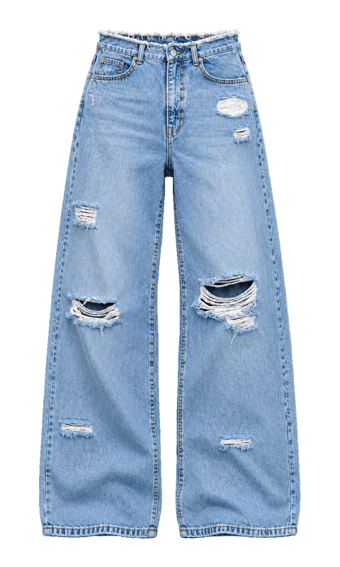 Raw-Waist Distressed Wide-Leg Jeans