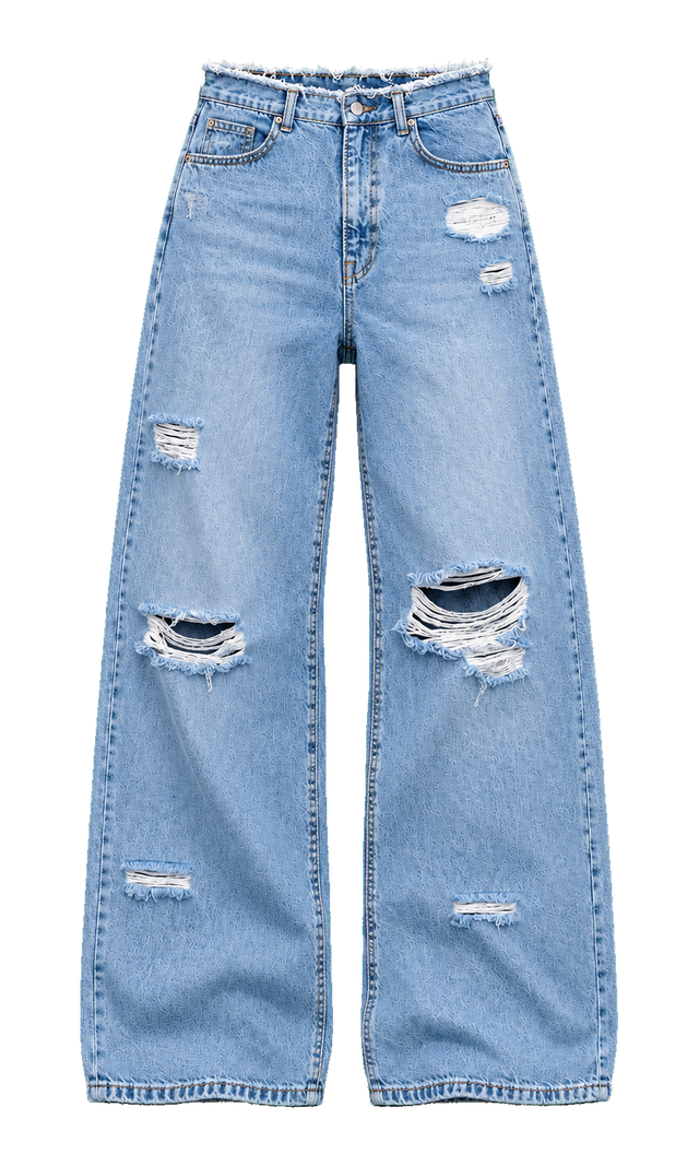 Raw-Waist Distressed Wide-Leg Jeans, Light Wash Blue