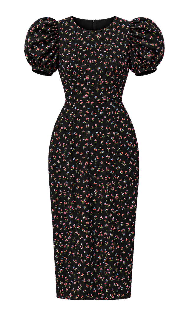 Floral Puff-Sleeve Midi Dress, Black Floral