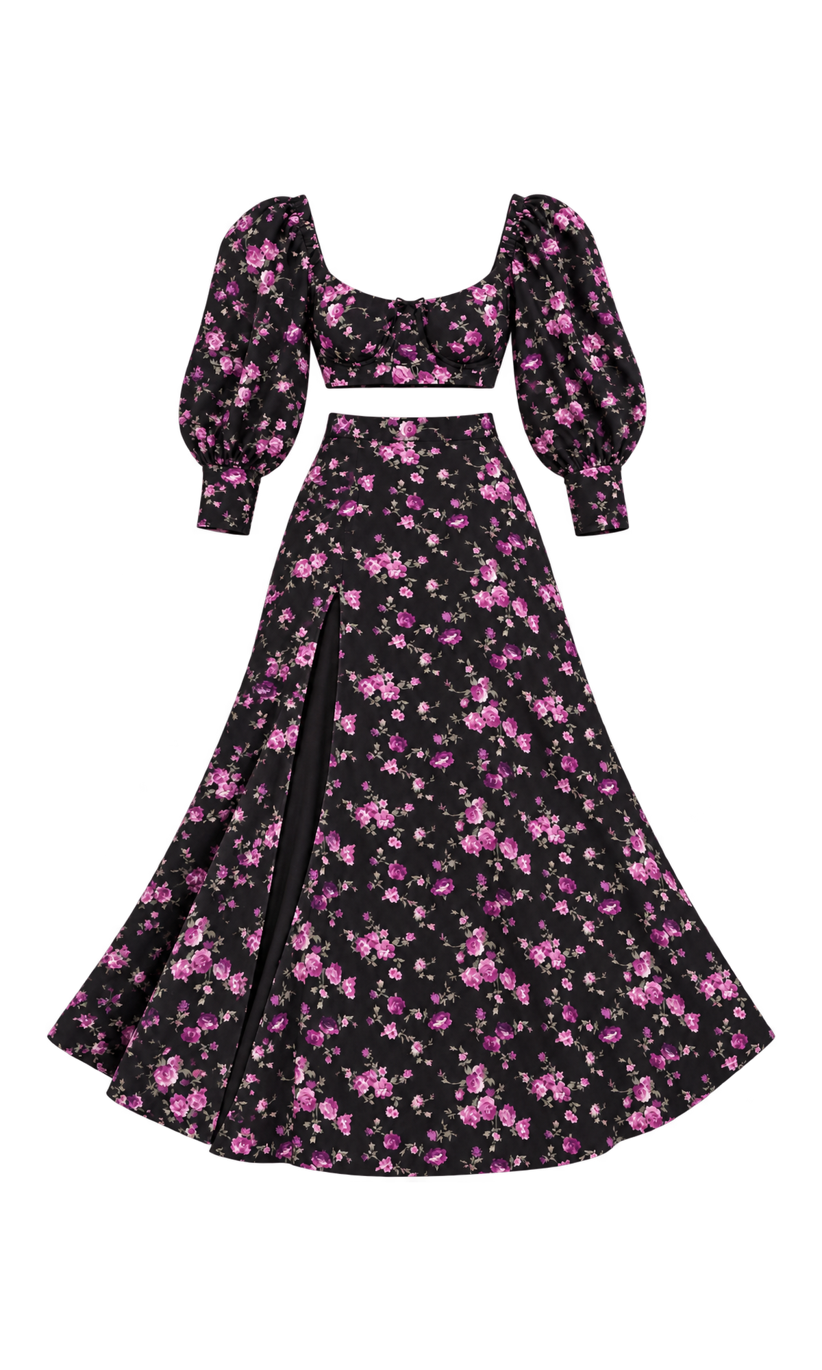 Floral Puff-Sleeve Top and Maxi Skirt Set