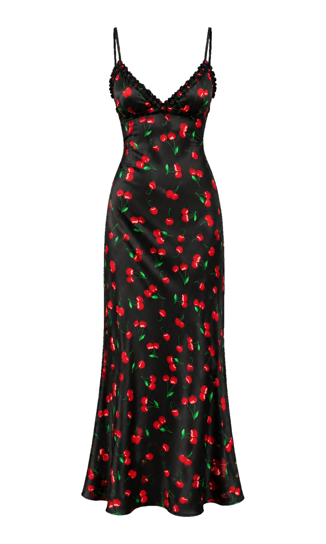 Cherry-Print Ruffle Maxi Dress, Black Print