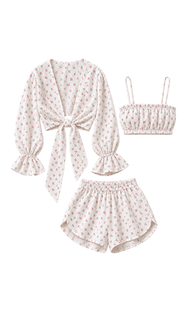 Three-Piece Tie-Front Muslin Set, White Floral