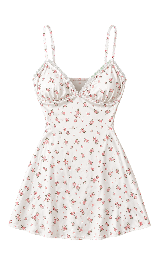 Ditsy Floral Ruffle Mini Dress, White Floral