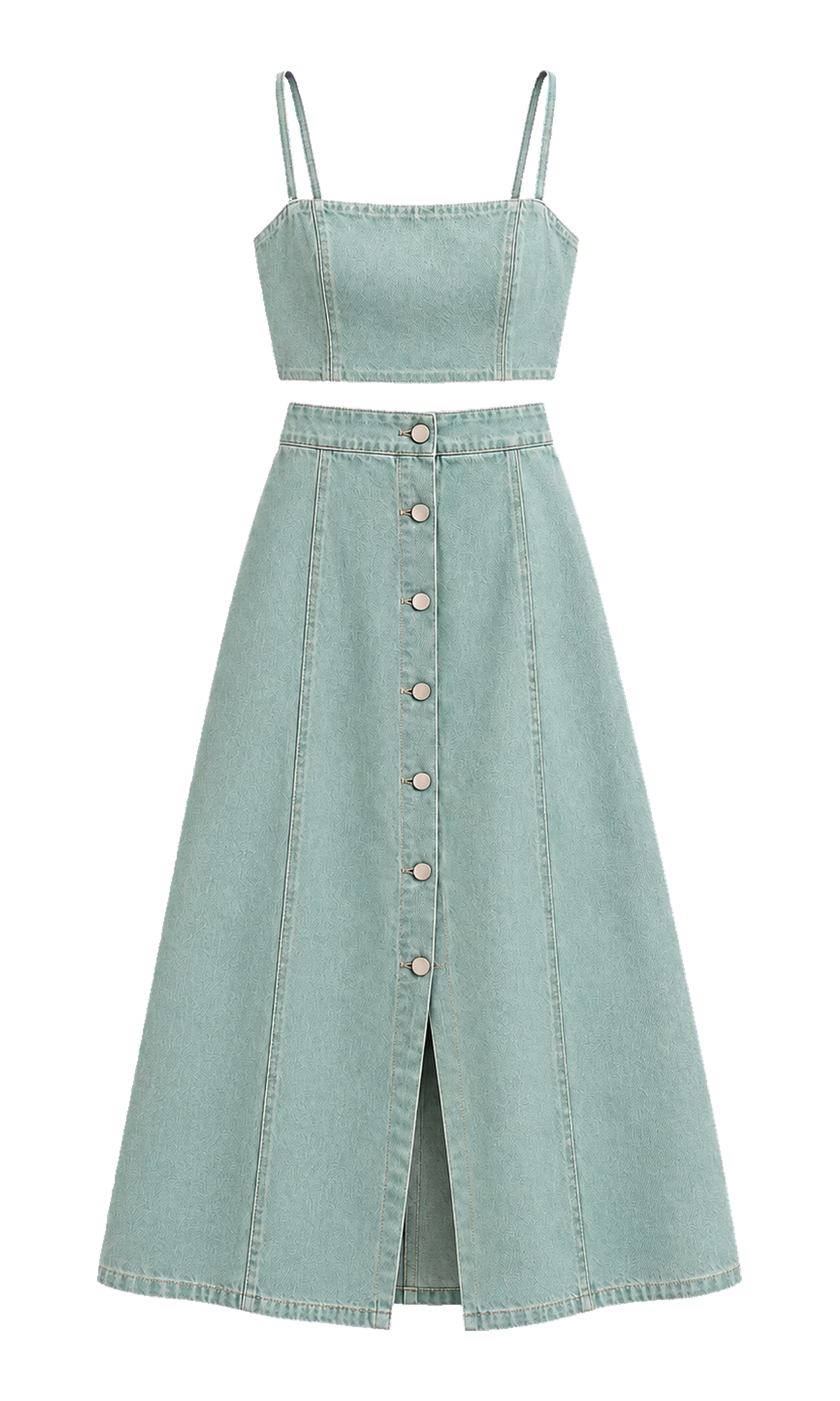 Denim Crop Top and Button-Front Skirt Set
