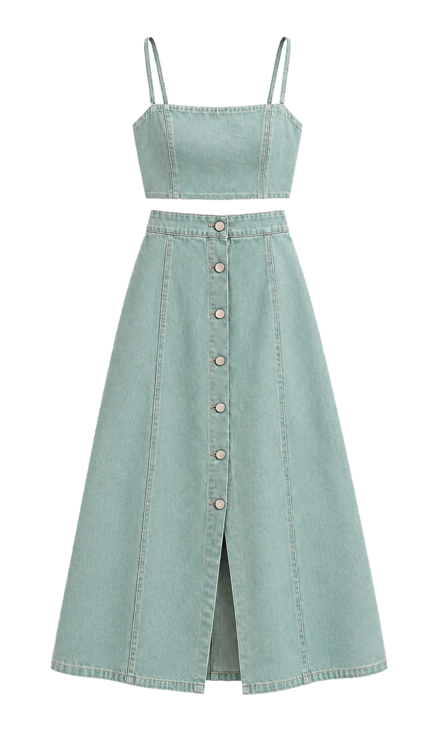 Denim Crop Top and Button-Front Skirt Set, Green