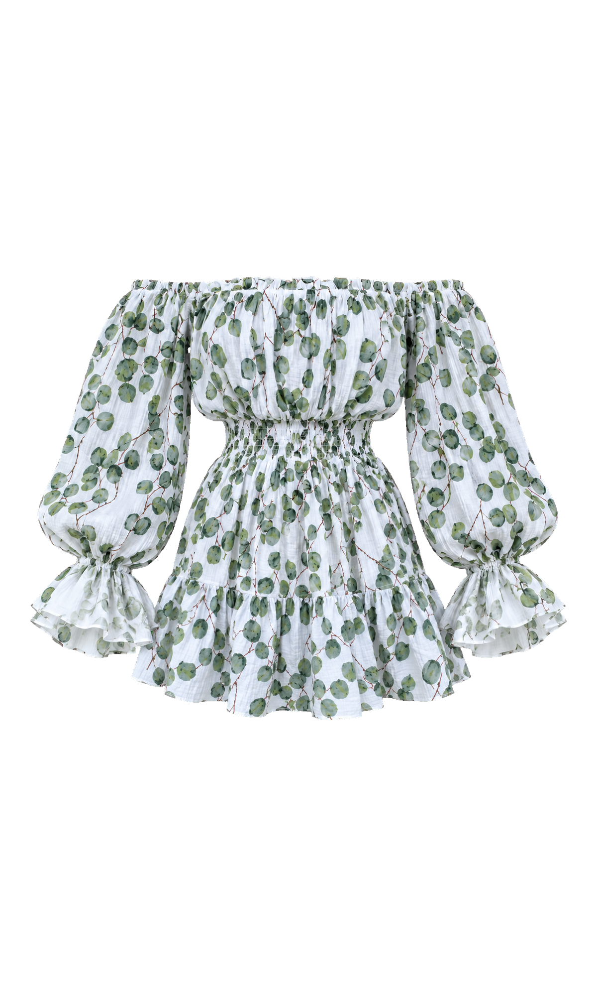 Leaf-Print Off-Shoulder Muslin Dress