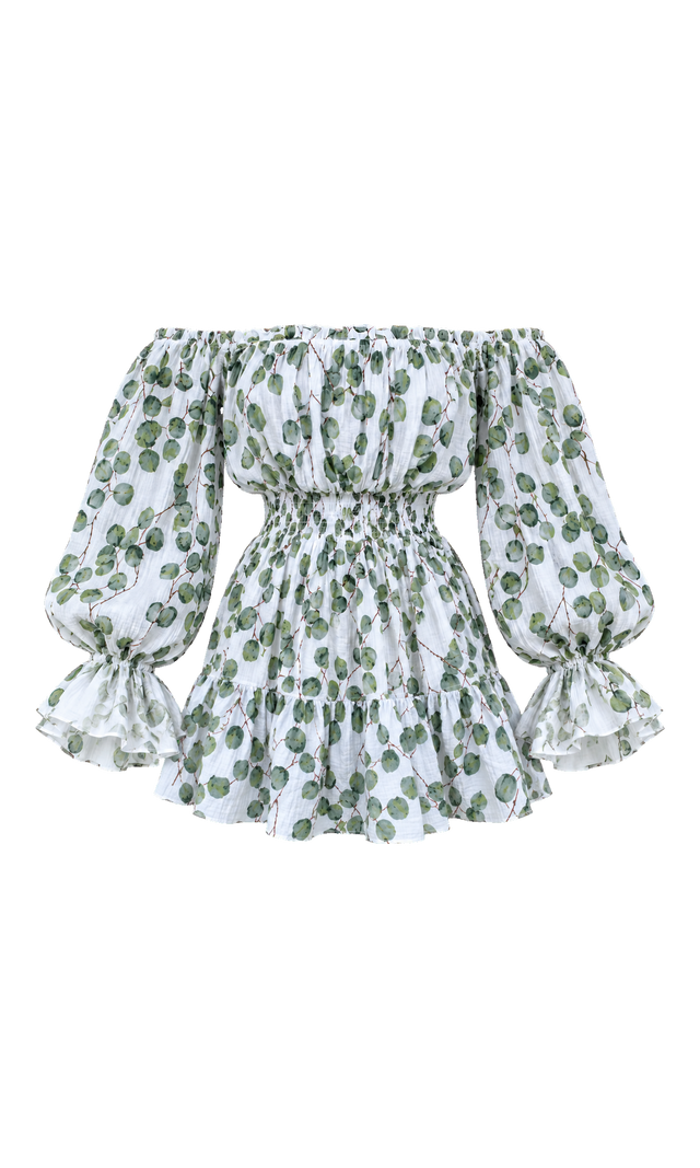 Leaf-Print Off-Shoulder Muslin Dress, White Print