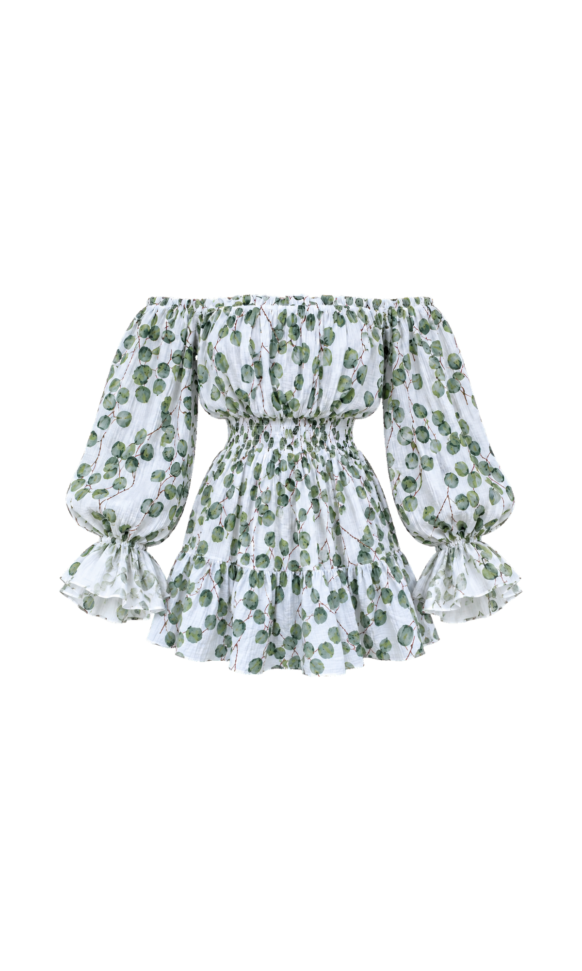 Robe épaules nues imprimé feuilles