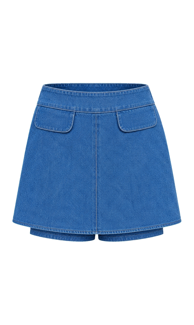 Flap-Detail Denim Mini Skort, Mid Wash