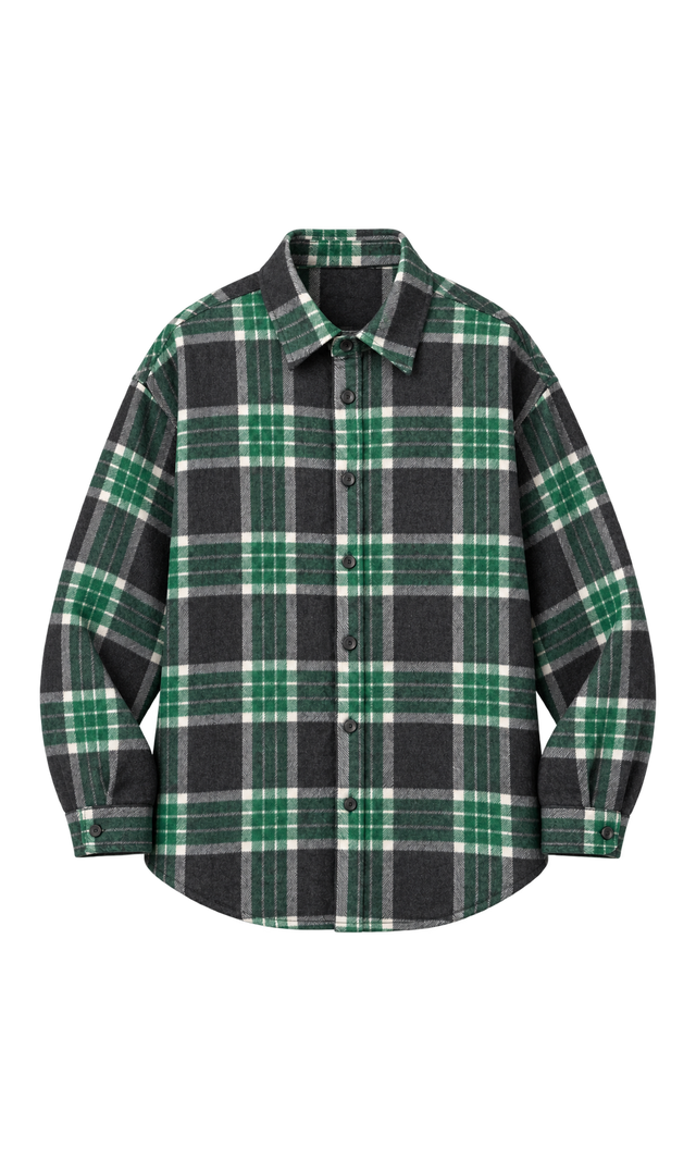 Oversized Wool-Blend Check Shirt, Green Check