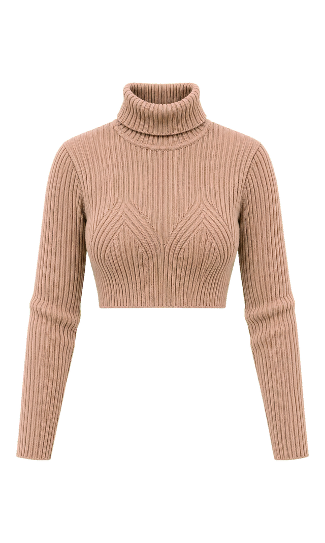 Cropped Turtleneck Sweater with Chevron Ribbing, Camel