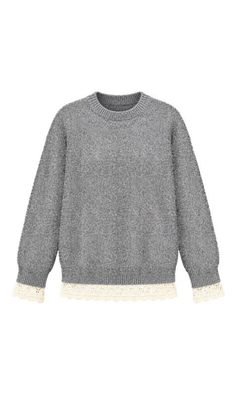 Crew-Neck Sweater with Contrast Openwork Trim