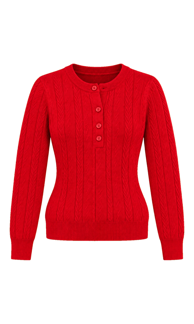 Cable-Knit Henley Top, Red